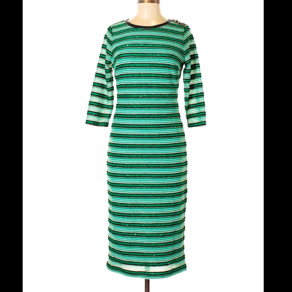 Eva Mendes Green Shimmer Stripe Holiday Dress